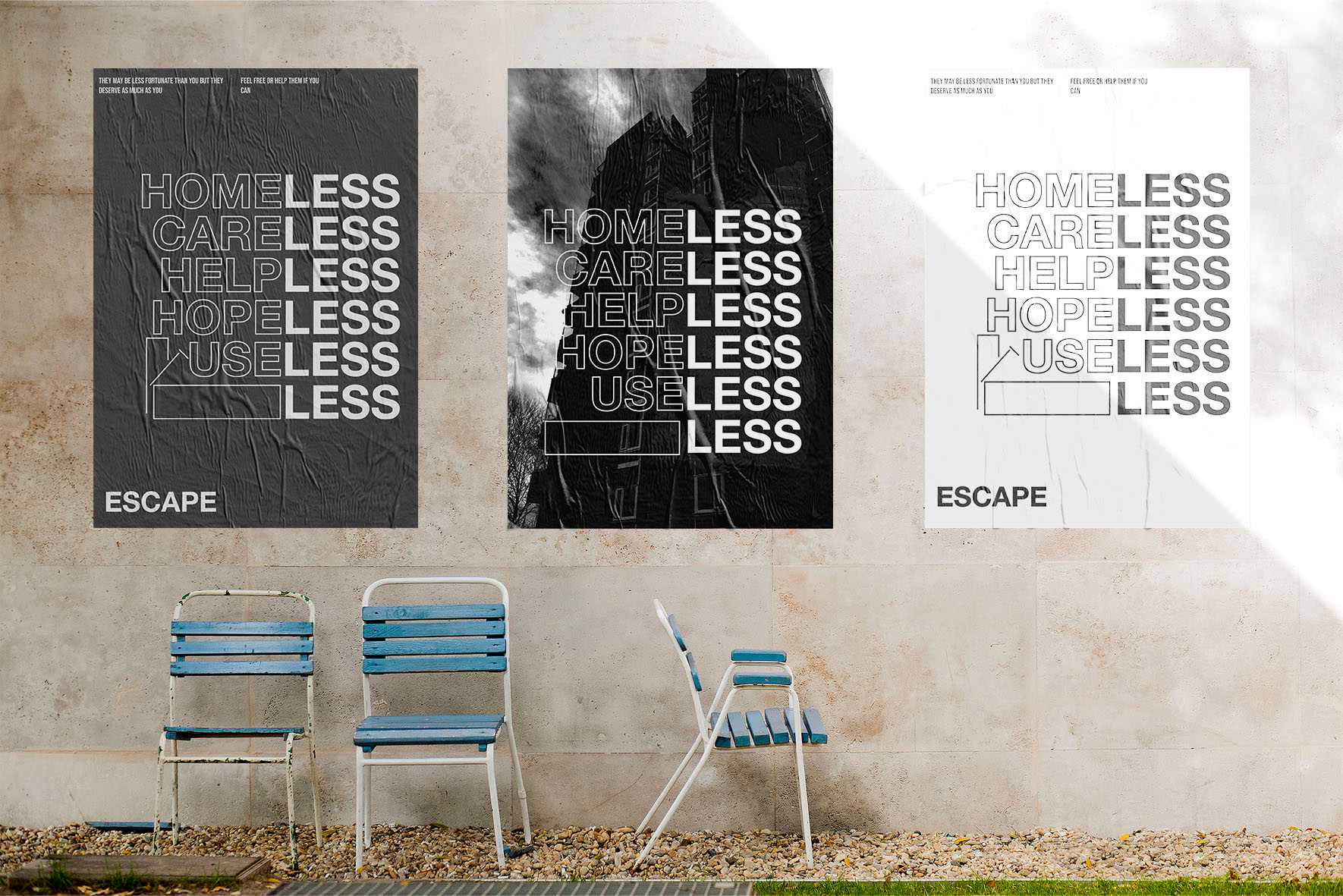 mockup of sequential posters aiming to gain awareness for the homeless community. 