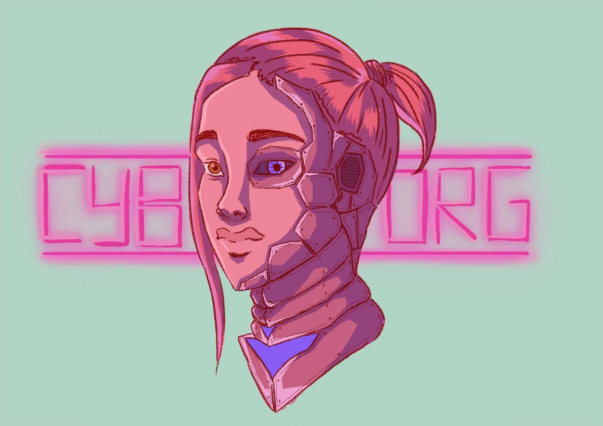 Redesigned card from the board game 'Codenames' in a cyberpunk theme. A card representing the cyborg team.