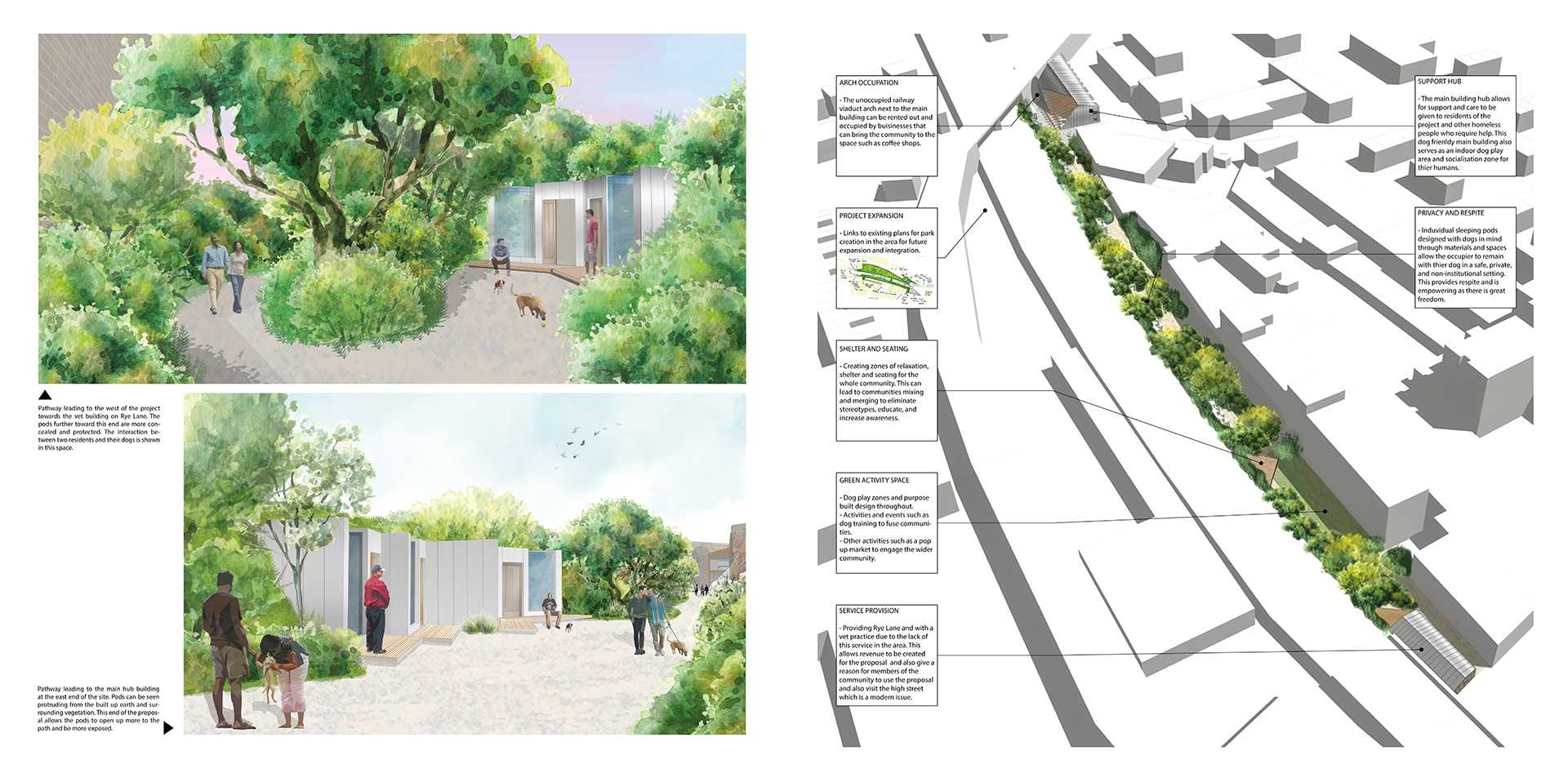 Visuals of the room pods protruding from the landscape within the park. An overview of the whole proposal is also here with the project's links to the wider community.