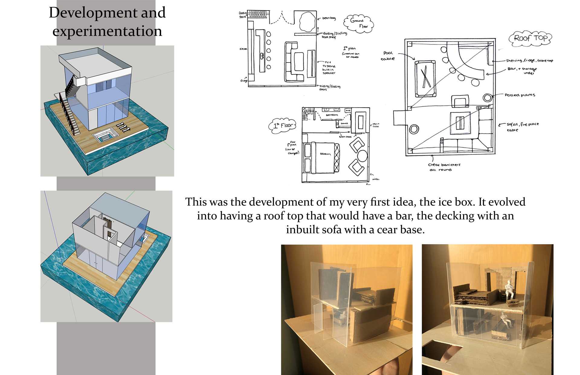 This was one of my prototypes for the Beyond the fundamentals project. A modern glass houseboat that included a bar, living space and deck that would have a built in sofa with a glass base to see the water.