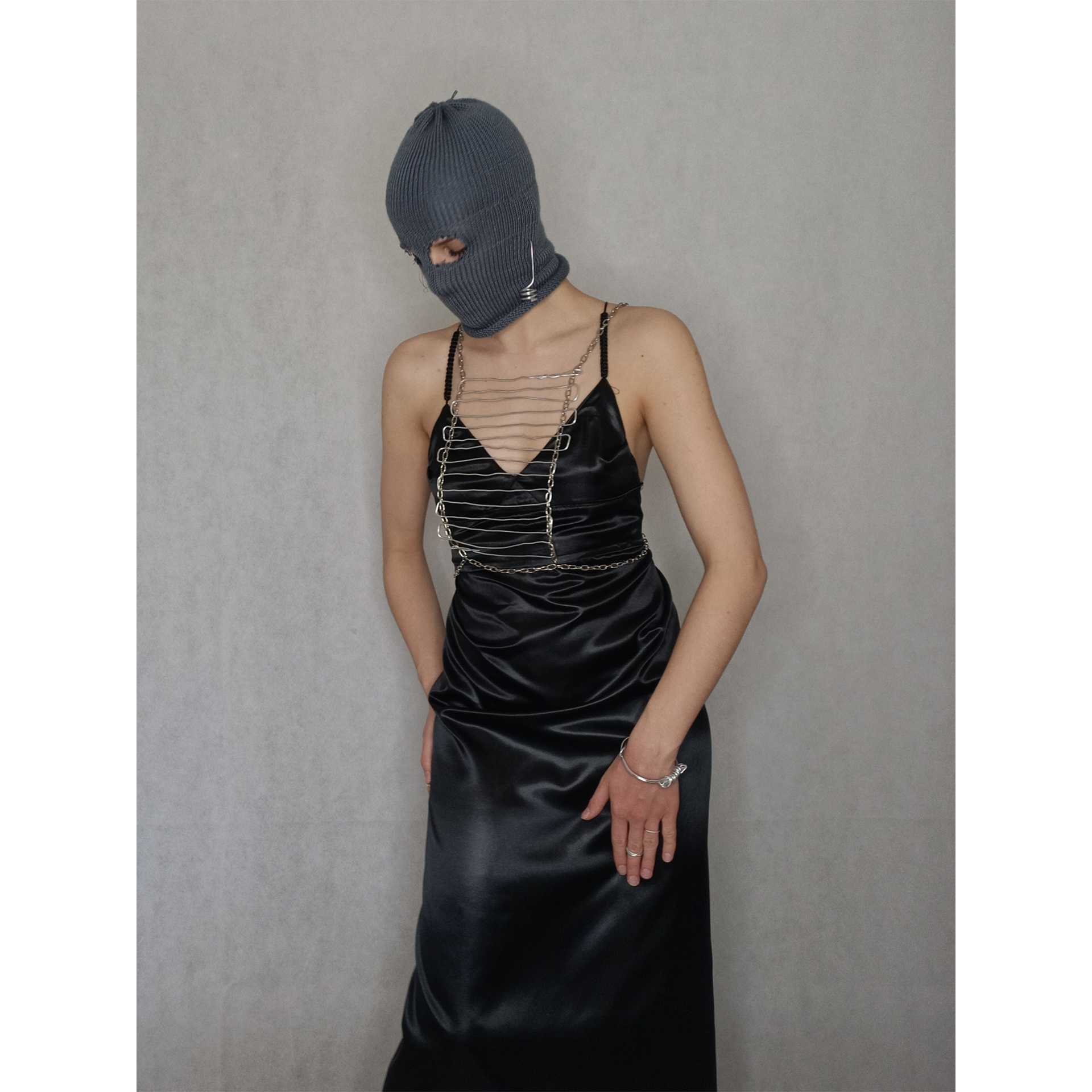 FMP "AM I FREE?" 
look 1
(chest jewelry symbolizes a birdcage in the sense of prison and taking away freedom, balaclava symbolizes anonymity)