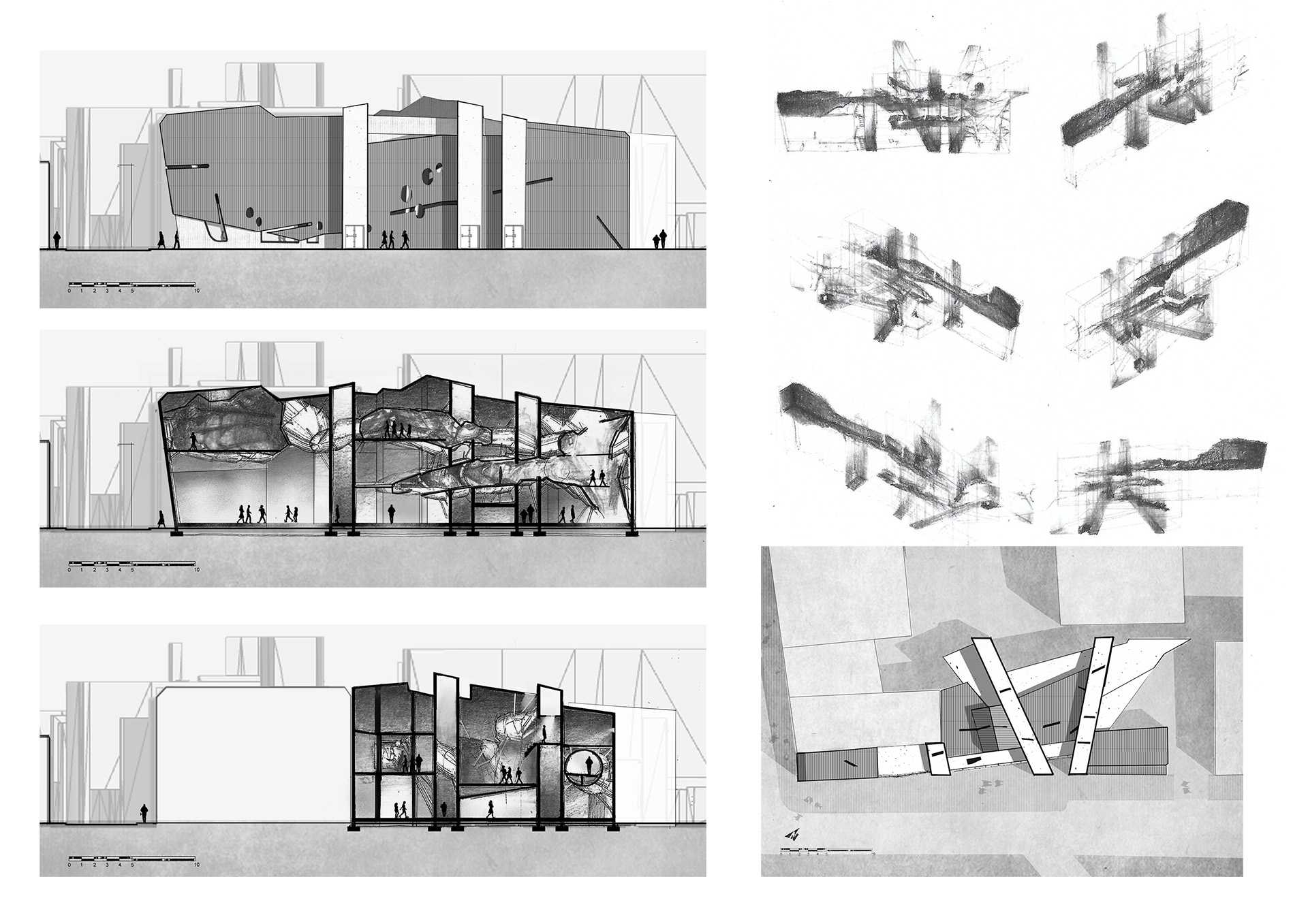 Section of Rita Knee's Museum. The exterior facade metaphorically represents a container, containing a destructive Parasite. In the section, we can see the Parasite taking over Rita's journey.