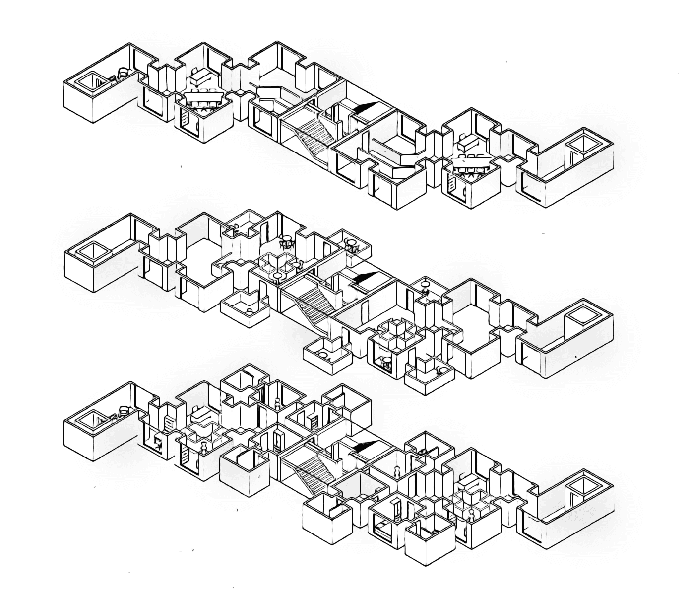 Orthographic southwest isometric view showing the internal relationship of the building through an exploded plane of each floor. This project was for the use of cohab-living and office work-space.