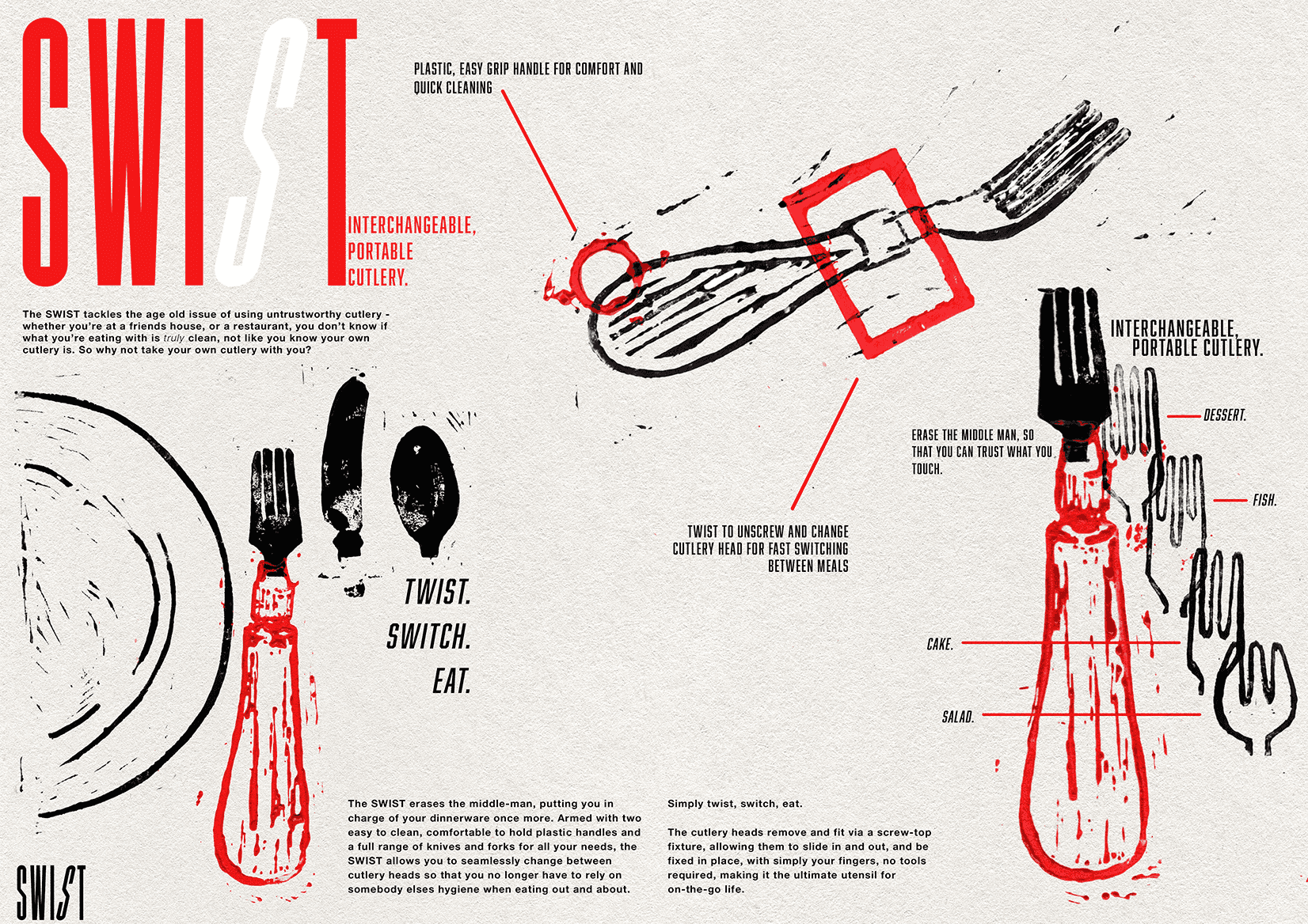 Product layout for the 'SWIST' - a product designed and envisioned to solve the OCD based anxiety of using cutlery from places where hygiene practices are unknown.