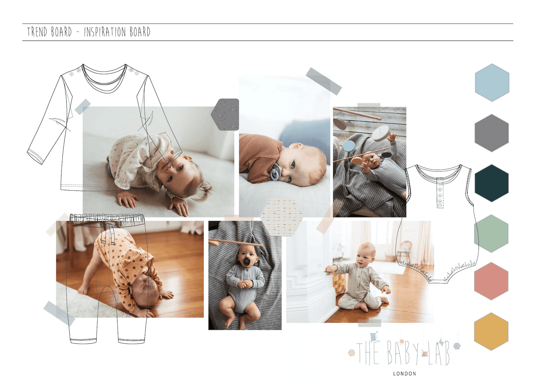 The Baby Lab Mood board. This is Vicky's FMP, a sustainable babywear brand specifically created for babies with Atopic Dermatitis or sensitive skin. From start to finish the brand is 'sustainable' and made from the softest of fabrics, proven to be better for skin than the leading textile. 
This brand was created because of the influx of misleading information overload that parents had on the internet and brands greenwashing by curating limited collections that are marked as sustainable. The aim of The Baby Lab is to create a community in the midst of the pandemic for parents unable to achieve the support and help that they may need through those with similar experiences. 